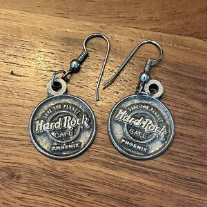 Hard Rock Cafe Phoenix Earrings Dangle‎ Souvenir Silver Coin Shape